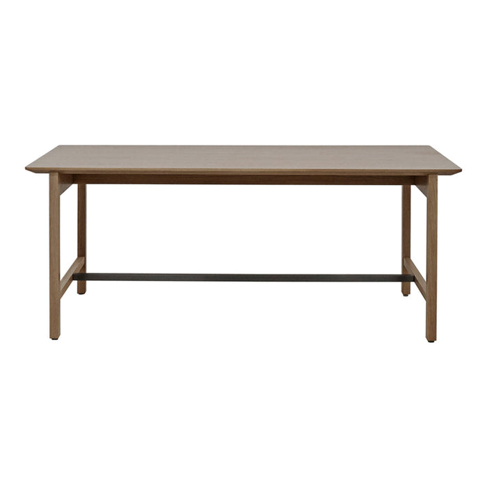 "Simple rectangular wooden table in warm brown with a sleek, minimalist design and black metal support."