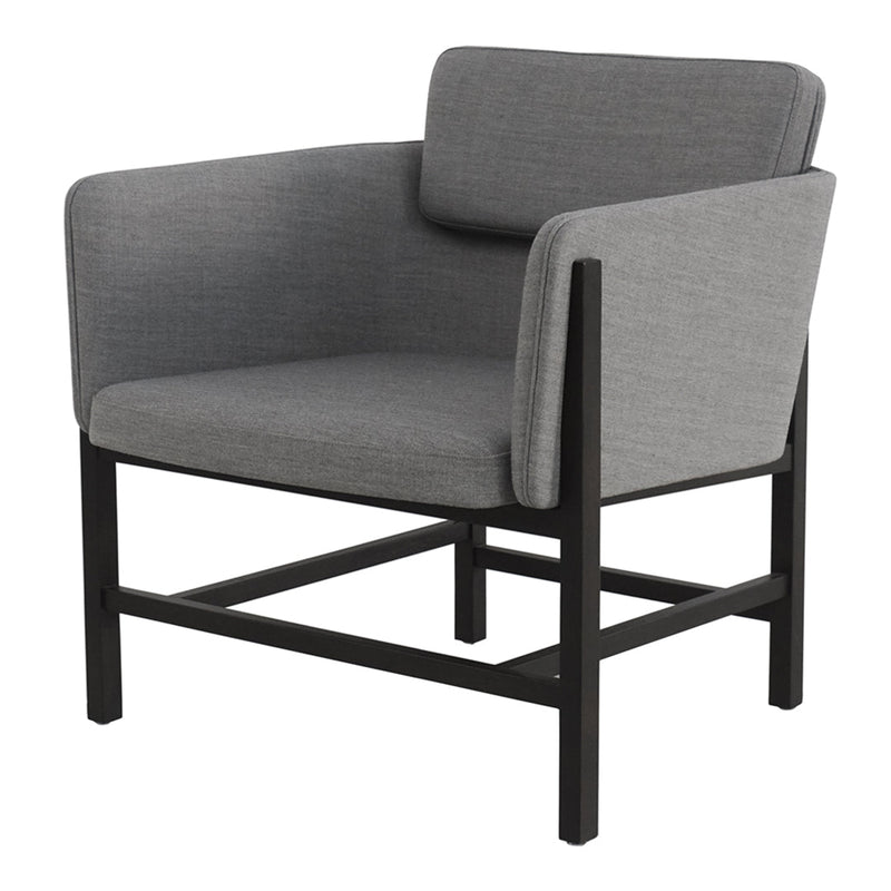 Gray upholstered armchair with a sleek black metal frame and minimalist design. Perfect for modern decor.