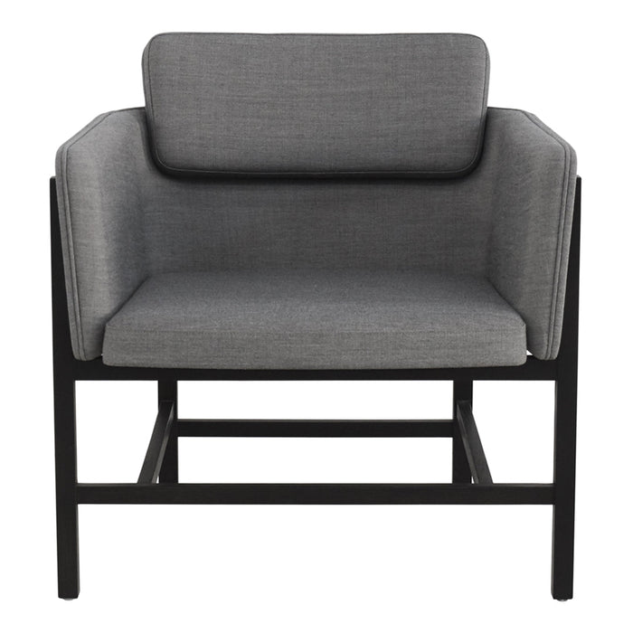 Gray upholstered chair with a solid black frame, featuring a sleek, modern design and minimalistic patterns.