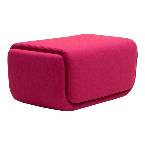 Fuchsia pink upholstered ottoman with a modern, sleek design and no visible patterns. Perfect for vibrant decor.