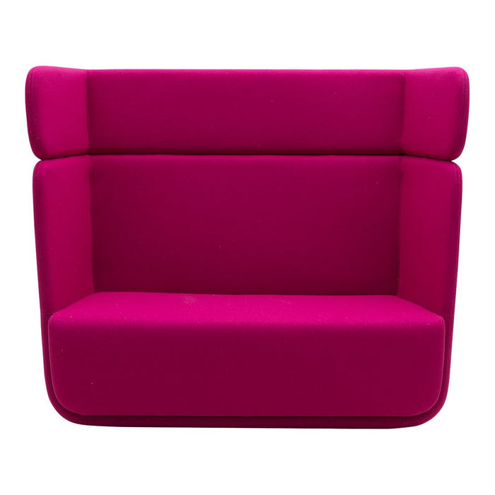 Fuchsia upholstered two-seat sofa with a smooth, minimalist design and modern contours. Ideal for bold decor.