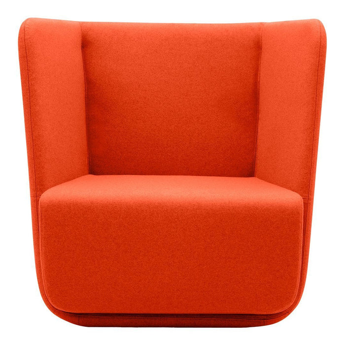 Vibrant orange upholstered armchair with a smooth, modern design and no visible patterns.