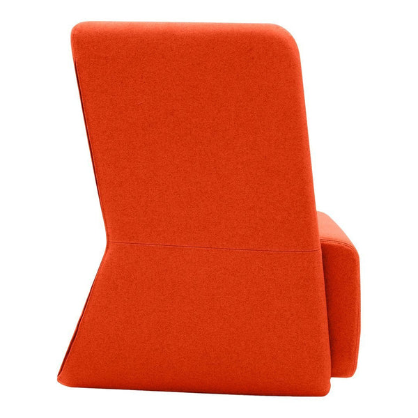 Bright orange upholstered chair with a sleek, geometric design, showcasing a solid, modern texture.