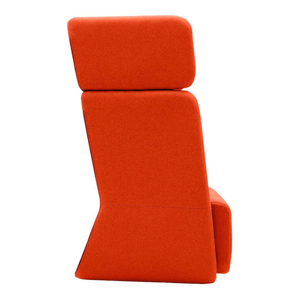 Vibrant orange modern chair with sleek, minimalist design and subtle geometric shapes. Perfect for contemporary decor.