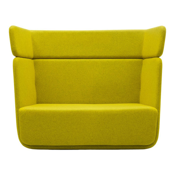 Bright yellow upholstered sofa with a modern, minimalistic design and smooth, contemporary lines.