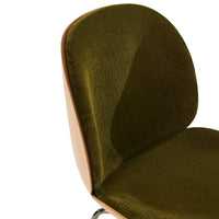 Olive green textured fabric chair with a smooth wooden back and sleek metallic legs.