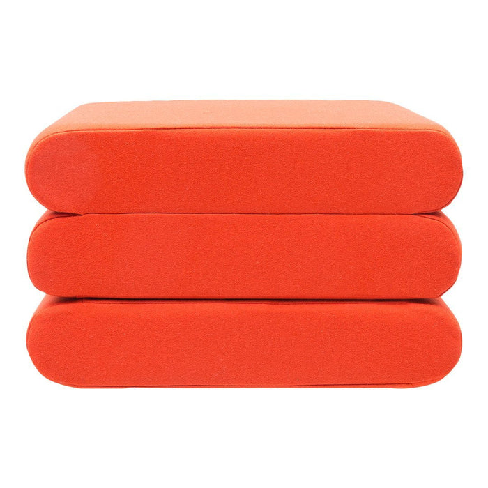 Stacked cushions in vibrant orange with smooth, rectangular shapes and rounded edges, perfect for modern decor.