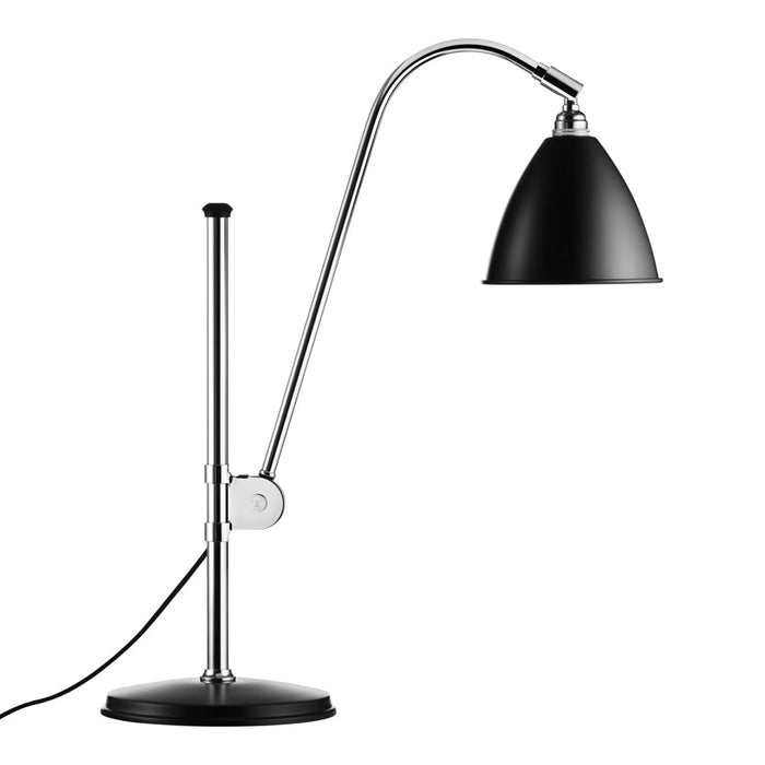 Black metal desk lamp with a sleek chrome arm and minimalist design. Ideal for modern workspace aesthetics.