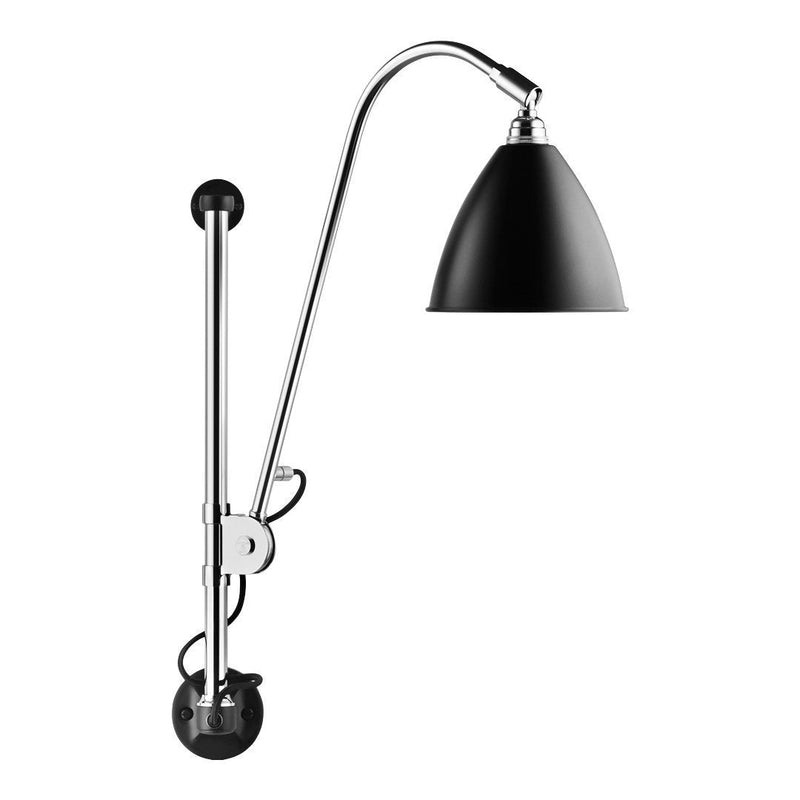 Black wall lamp with a sleek chrome arm and minimalist design, perfect for modern interiors.