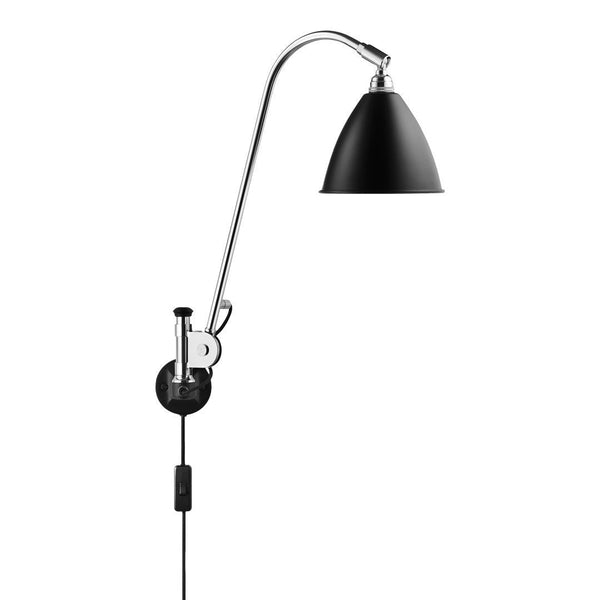 Black wall lamp with a sleek silver arm and round black base, featuring a minimalist design.