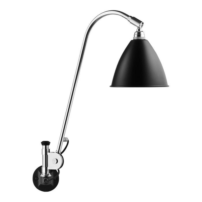 Black conical shade wall lamp with chrome accents and a sleek, modern design, perfect for a stylish interior.