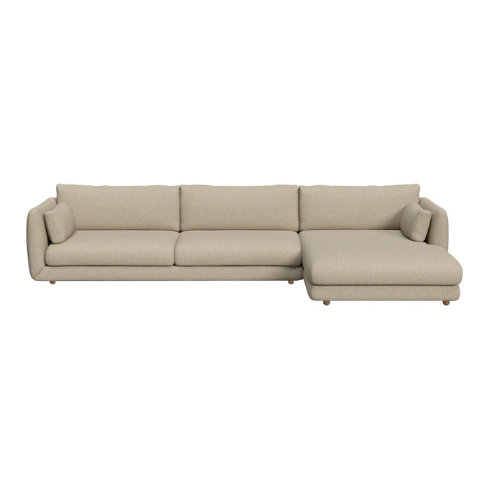 Beige sectional sofa with a modern design and smooth upholstery. Perfect for contemporary living spaces.