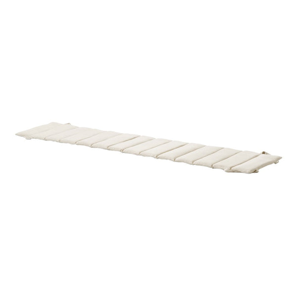Cream-colored padded seating pad with a quilted pattern, featuring a long, rectangular design.
