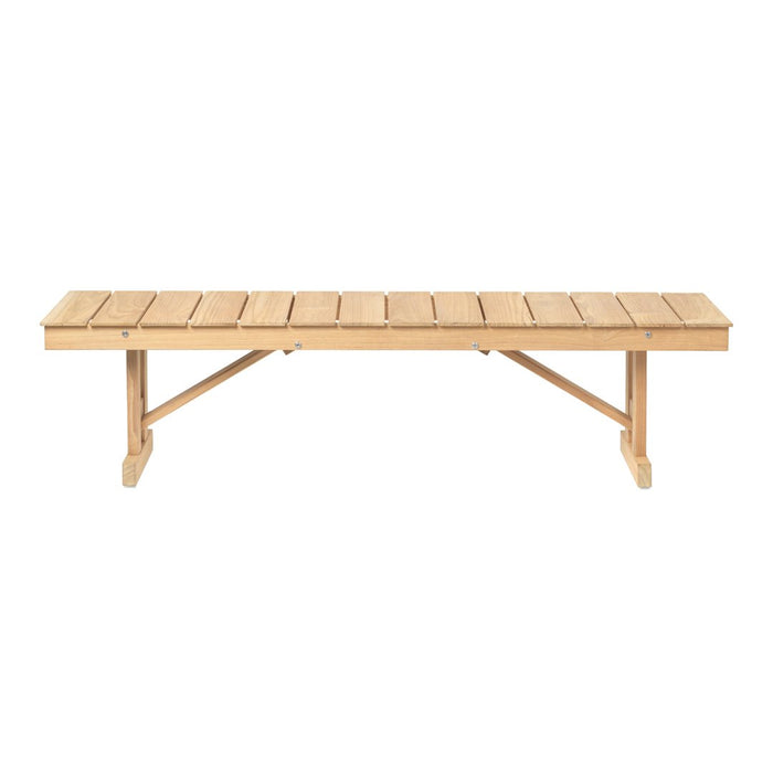 Natural wood bench with a light, sandy finish and slatted design, perfect for outdoor or indoor decor.