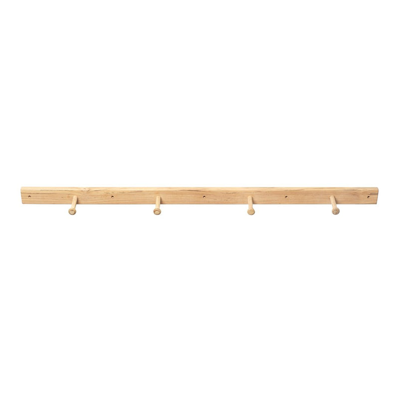 Natural wood wall hook rack with a light beige finish and smooth wooden knobs. Simple, minimalist design.