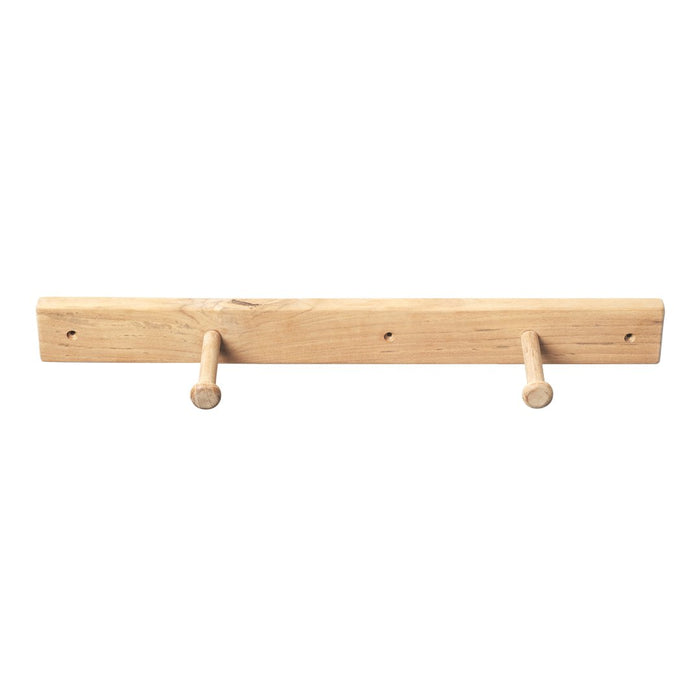 Natural wood wall hook rack in light brown with a smooth finish and two simple wooden pegs. Perfect for minimalist decor.