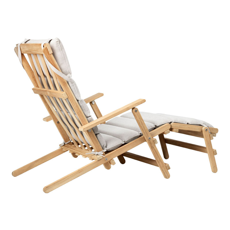 Light gray cushioned recliner with a natural wood frame, featuring a simple, modern design. Ideal for relaxation.