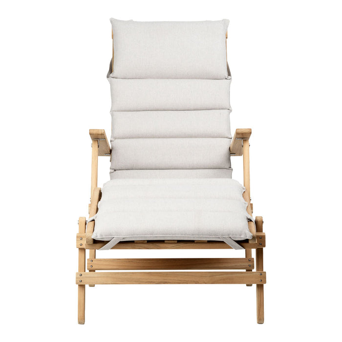 Light gray cushioned lounge chair with a natural wood frame, featuring a minimalist design and subtle patterns.
