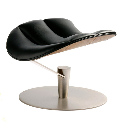 Modern black leather chair with a sleek wave pattern and brushed metal base, perfect for contemporary decor.