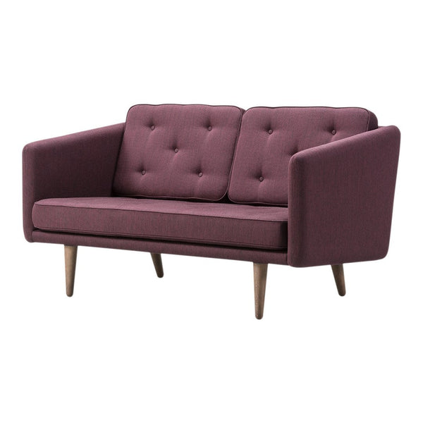 Plum purple tufted fabric sofa with tapered wooden legs, featuring a minimalist modern design.
