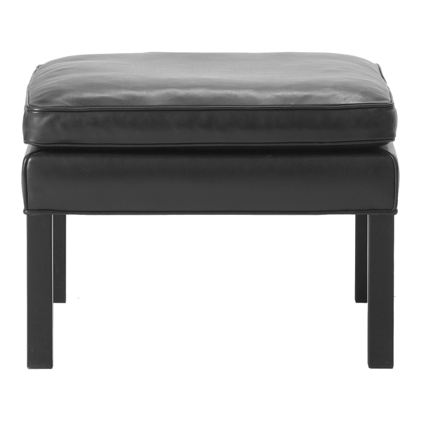 Black leather ottoman with a sleek design and smooth texture, featuring a minimalist, solid pattern.