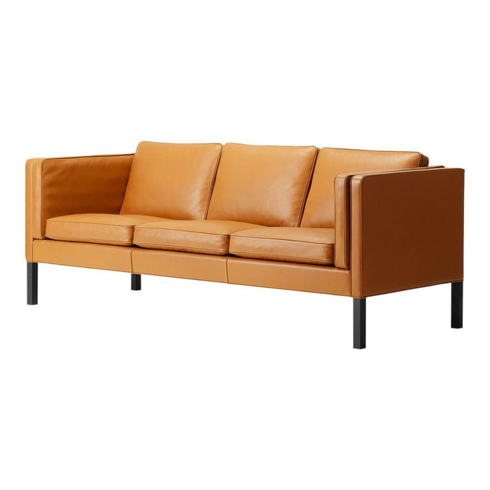 Stylish three-seat sofa in warm caramel leather with sleek black legs, offering a modern and minimalist aesthetic.