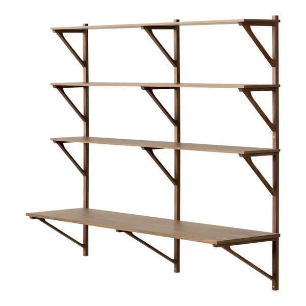 Wooden wall shelf with a minimalistic design featuring warm brown tones and sleek, straight lines.