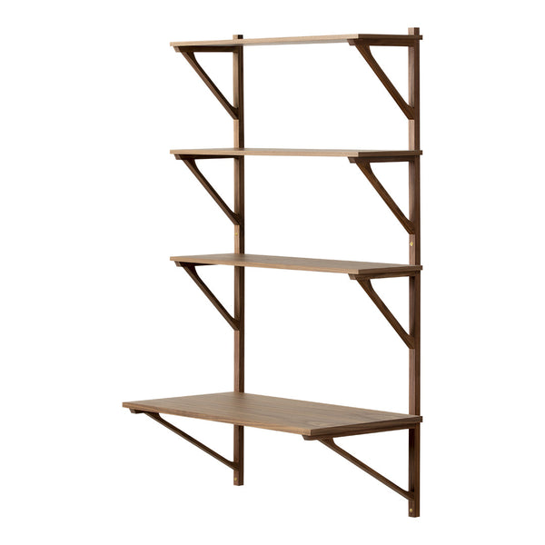 Brown wooden shelf with four open tiers and triangular supports, featuring a smooth, minimalist design.