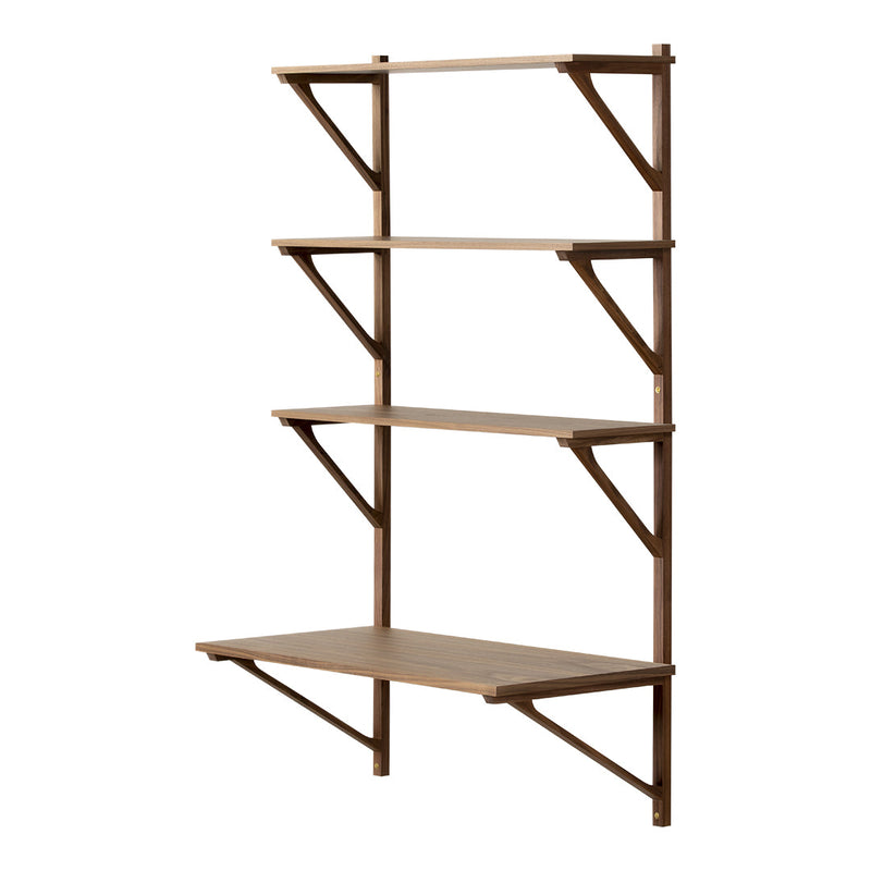 Brown wooden shelf with four open tiers and triangular supports, featuring a smooth, minimalist design.