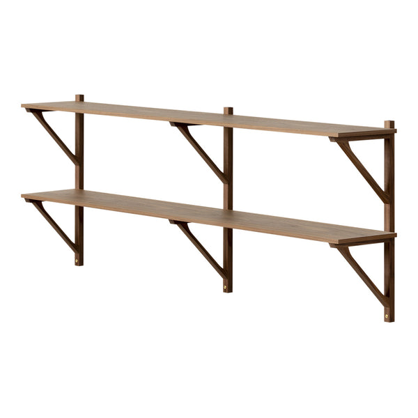 Brown wooden wall shelves with a simple, minimalist design and sturdy black metal brackets. Perfect for modern decor.