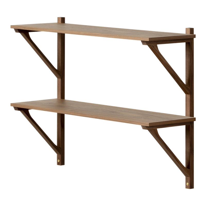 "Two-tier wooden wall shelf in rich brown with sleek, minimalist design and triangular brackets."