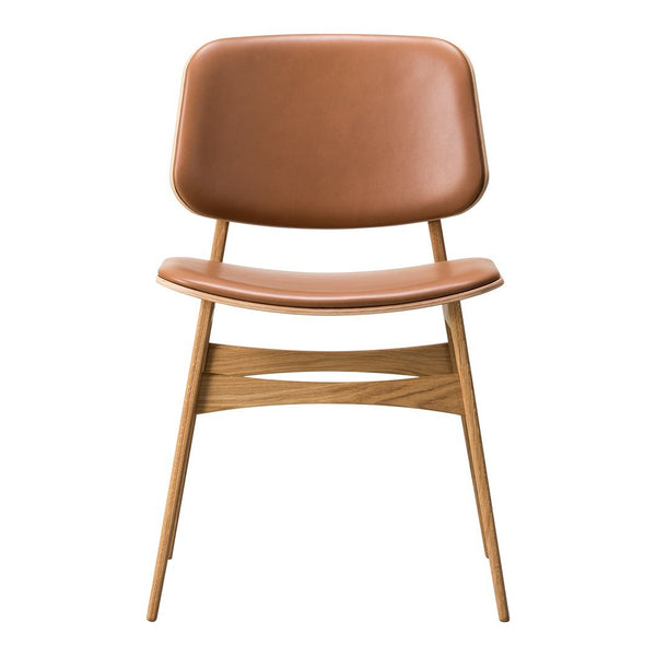 Brown leather chair with a minimalist design and light wooden legs. Simple and stylish for any space.