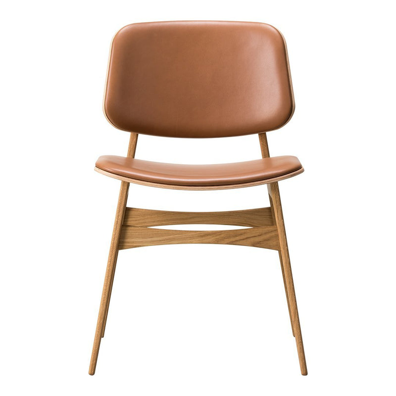 Brown leather chair with a minimalist design and light wooden legs. Simple and stylish for any space.