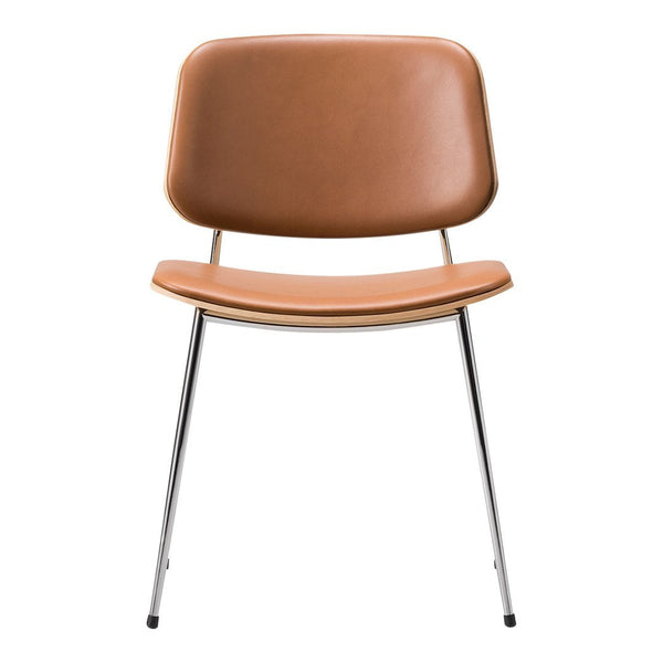 Brown leather chair with a smooth finish and sleek chrome legs, featuring a minimalist design without patterns.