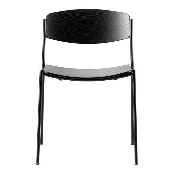 Stylish modern chair in sleek black wood and metal, featuring a minimalist design and smooth curves.
