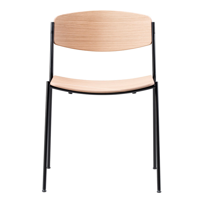 Light wood chair with a sleek black metal frame, featuring a smooth, minimalistic design.