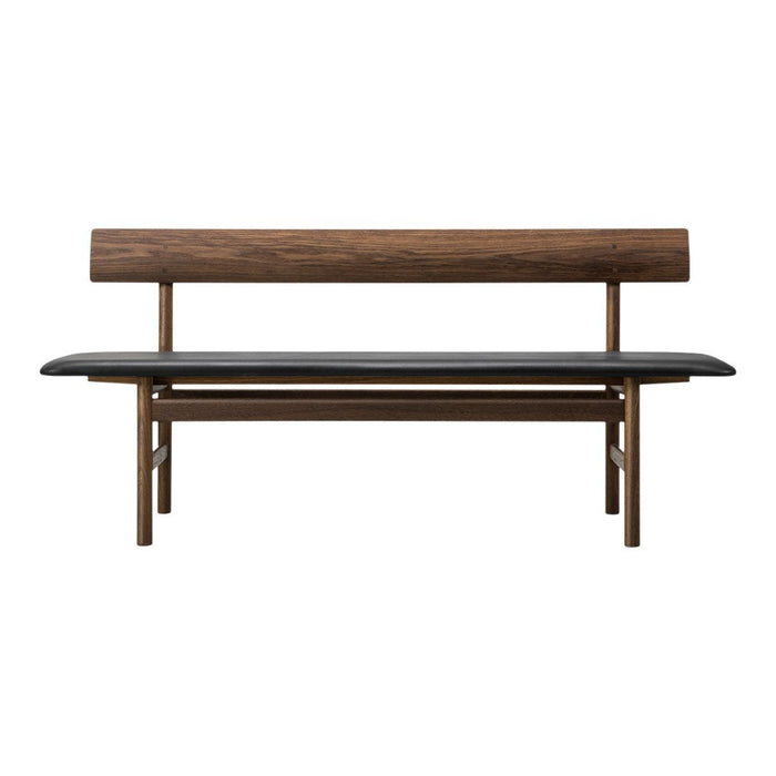 "Wooden bench with a natural finish and a sleek black seat, featuring clean lines and minimalistic design."