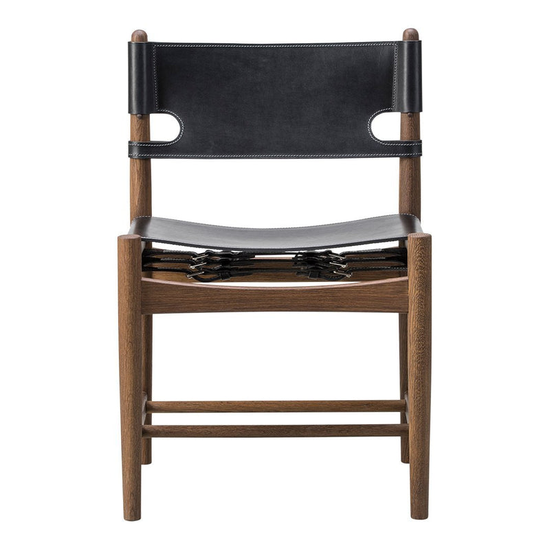 "Wooden chair with a dark walnut finish and contrasting black leather seat and backrest."
