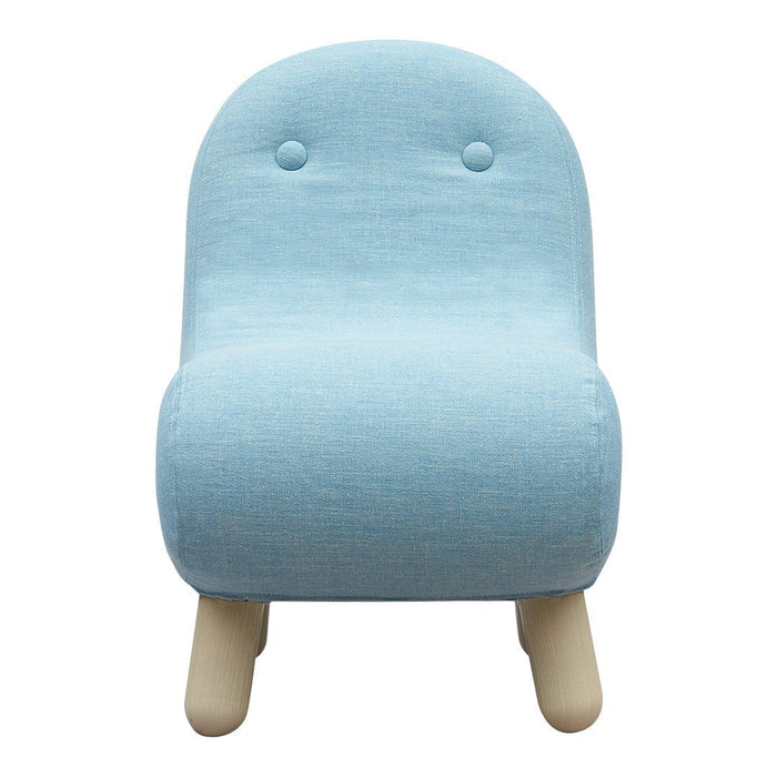 Light blue upholstered chair with rounded edges and subtle button accents, complemented by natural wooden legs.