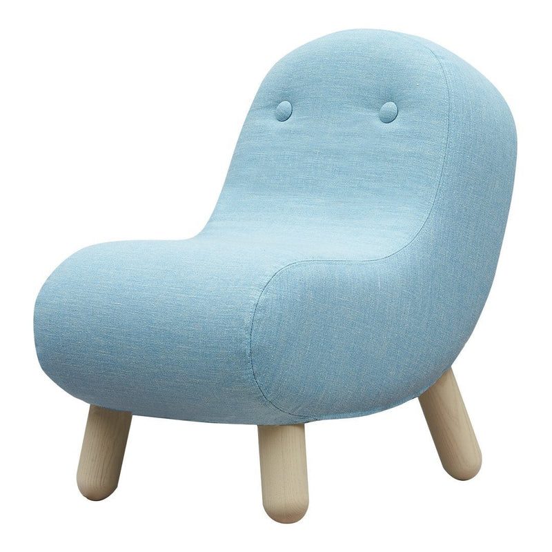 Light blue fabric accent chair with rounded edges and wooden legs, featuring a minimalist design and two button details.