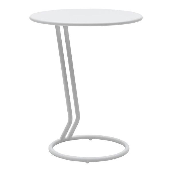 Round white side table with sleek, modern design featuring smooth, minimalist curves and a clean, solid finish.