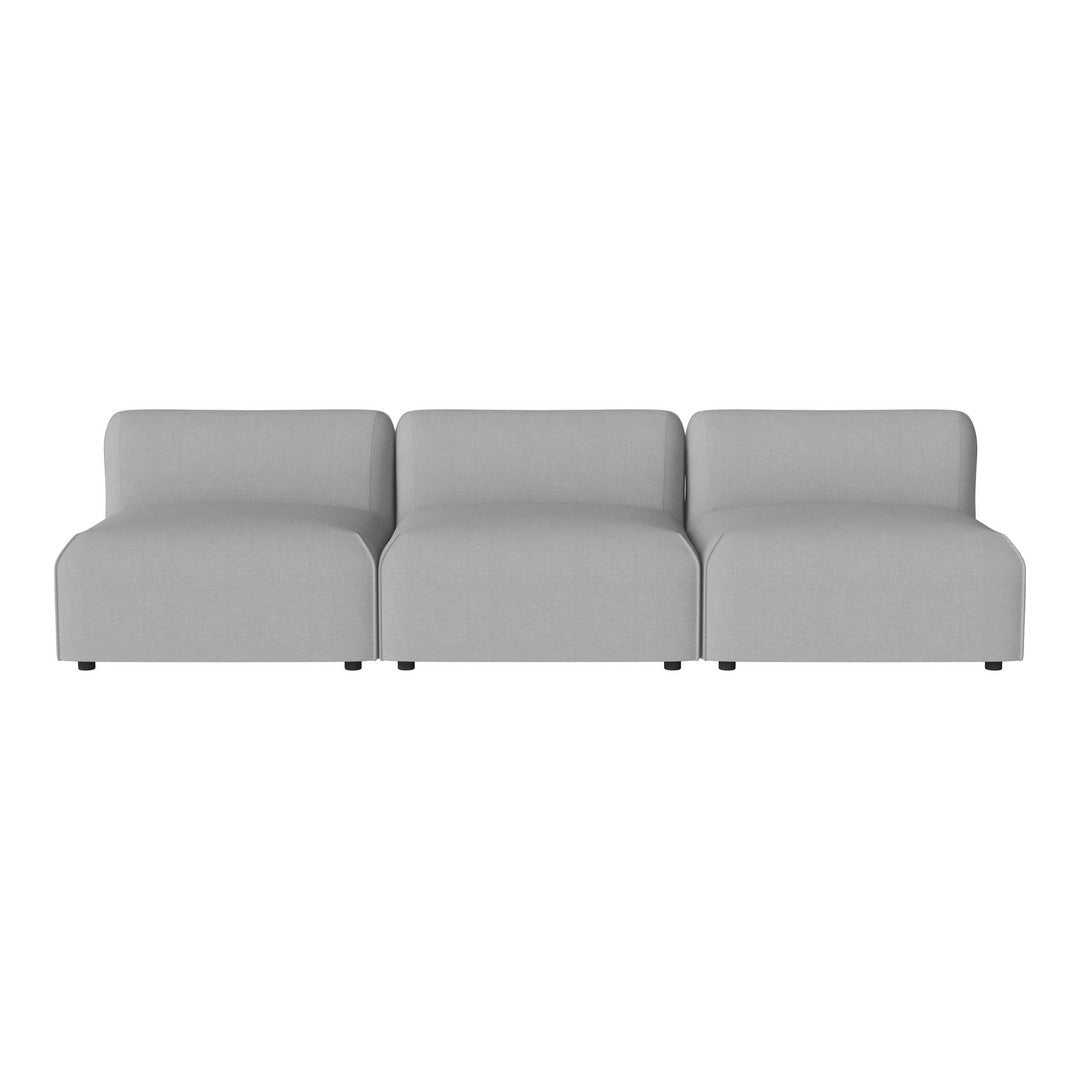 "Modern gray three-seater sofa with a smooth, minimalist design and soft fabric upholstery."