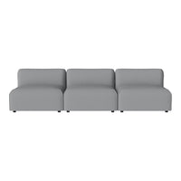 Stylish three-seater sofa in sleek light gray fabric, featuring a minimalist, modern design with clean lines.