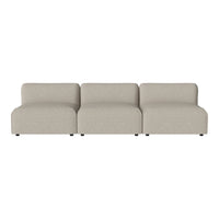 "Three-seat sofa in a soft beige fabric with a smooth, minimalist design and no visible patterns."