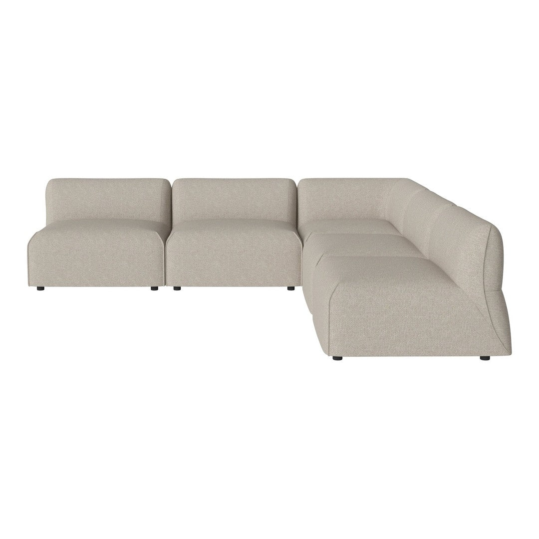 Beige modular sofa with a smooth fabric texture, featuring a contemporary design and minimalistic style.