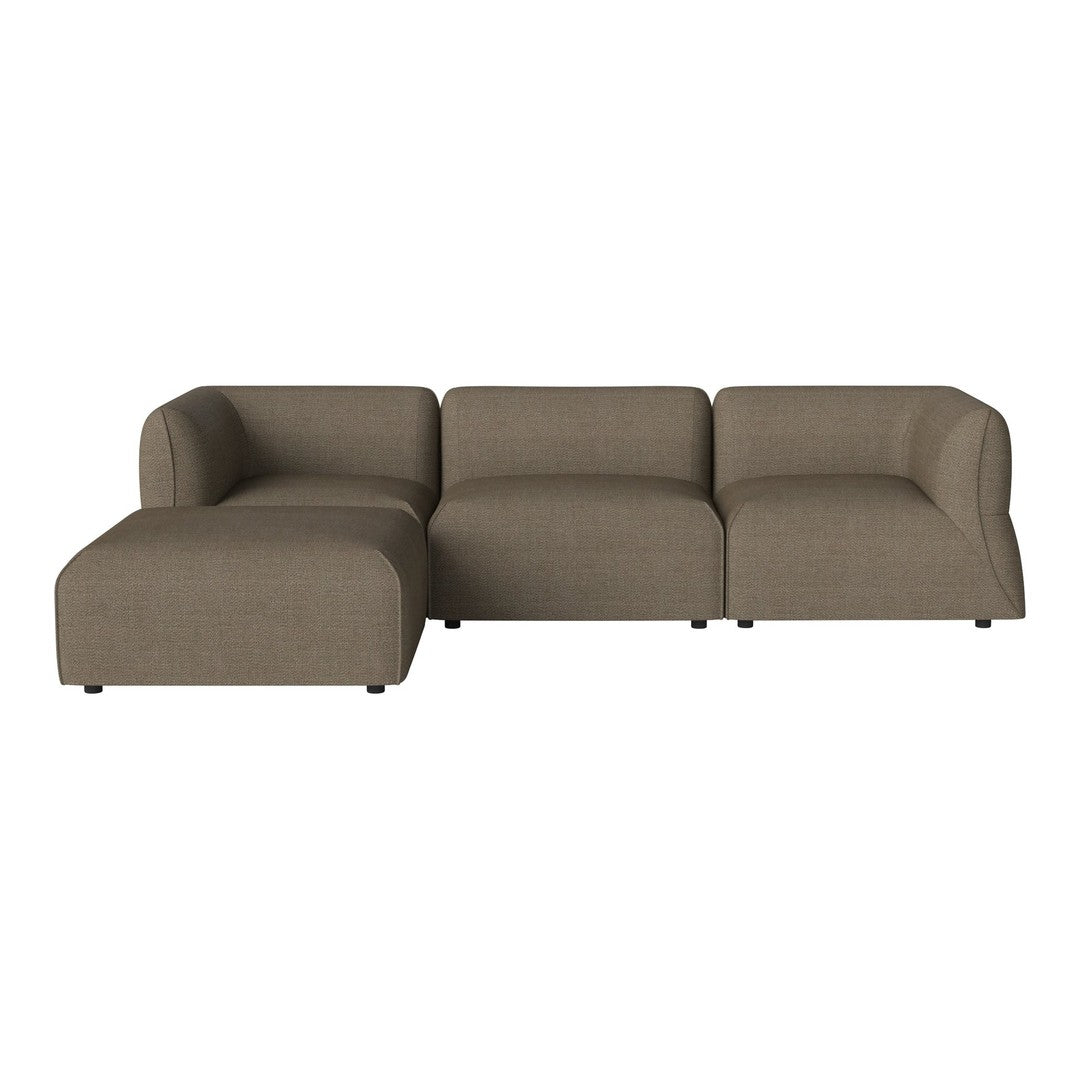 Brown fabric sectional sofa with a modern, minimalist design and subtle texture. Ideal for contemporary living spaces.