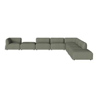 L-shaped sectional sofa in muted olive green with a smooth, modern fabric finish and clean lines.