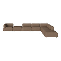 Modern L-shaped sectional sofa in a warm, medium brown fabric with a smooth, solid pattern. Perfect for any living space.
