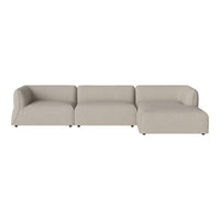 Beige sectional sofa with smooth fabric and minimalist design, perfect for modern living spaces.