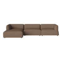 Brown fabric sectional sofa with a smooth texture and modern, minimalist design. Perfect for contemporary living spaces.
